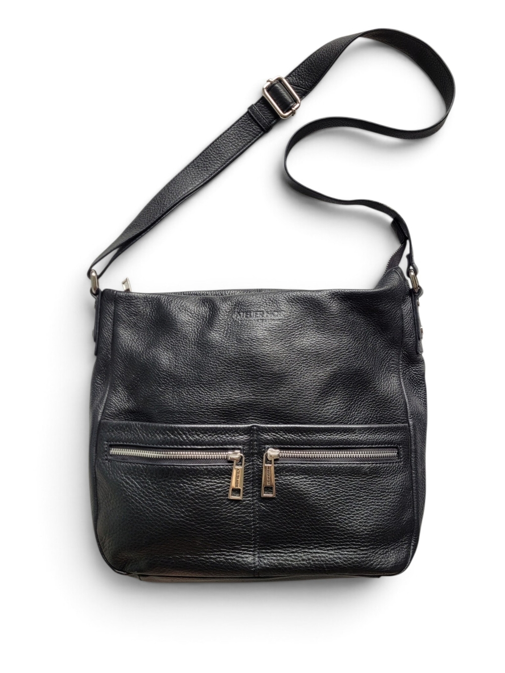 RUDSAK Atelier Noir Black Leather Crossbody Bag With Front Zip Pockets